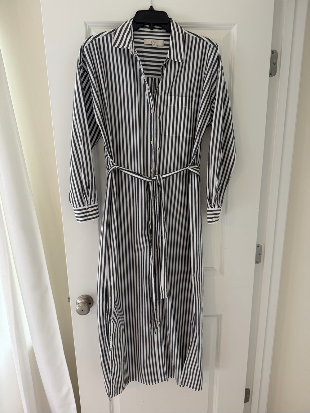 LOFT Gray and White Vertical Stripe Long Sleeve Shirt Dress